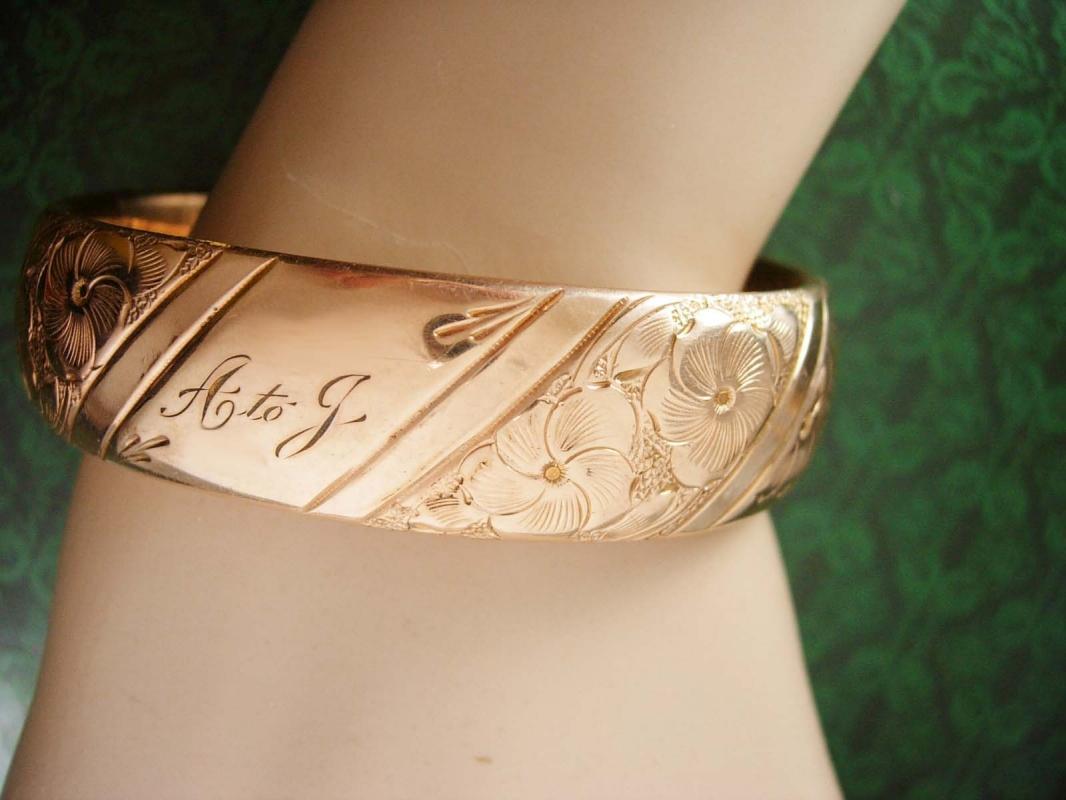 Antique ROSE gold filled WIDE Victorian bracelet sweetheart bangle Ornate design