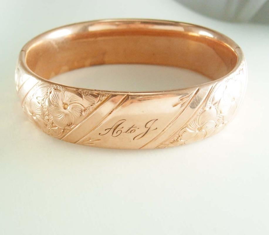 Antique ROSE gold filled WIDE Victorian bracelet sweetheart bangle Ornate design