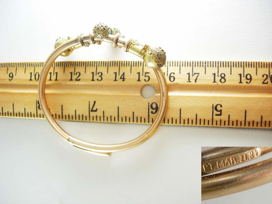 Antique 1882 9KT rose Gold bracelet Victorian ETRUSCAN Ball Bypass hinged march21 estate jewelry