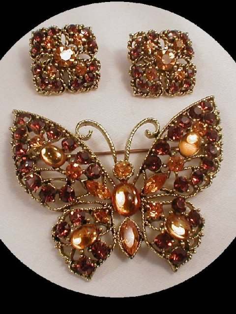 LARGE Golden GLASS Butterfly BROOCH & ER