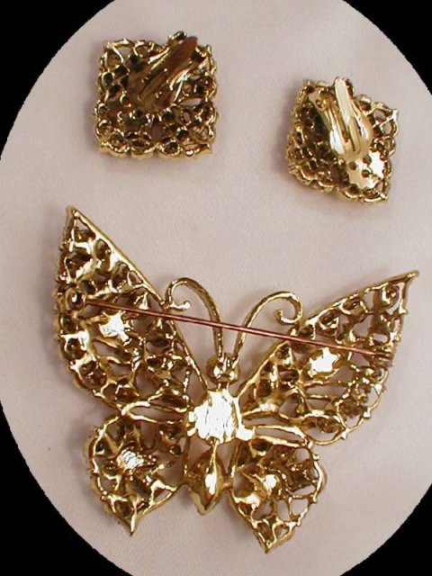 LARGE Golden GLASS Butterfly BROOCH & ER