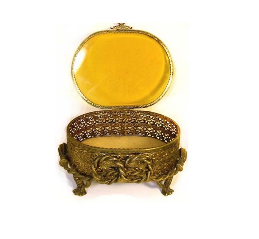 Antique LARGE Amber GLass Ormolu jewelry casket Gold Footed Vanity Box accessory