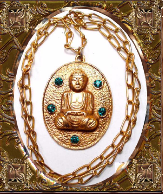 Vintage Jeweled Buddha Necklace Large Chinese Oriental Rhinestone Asian Pendant