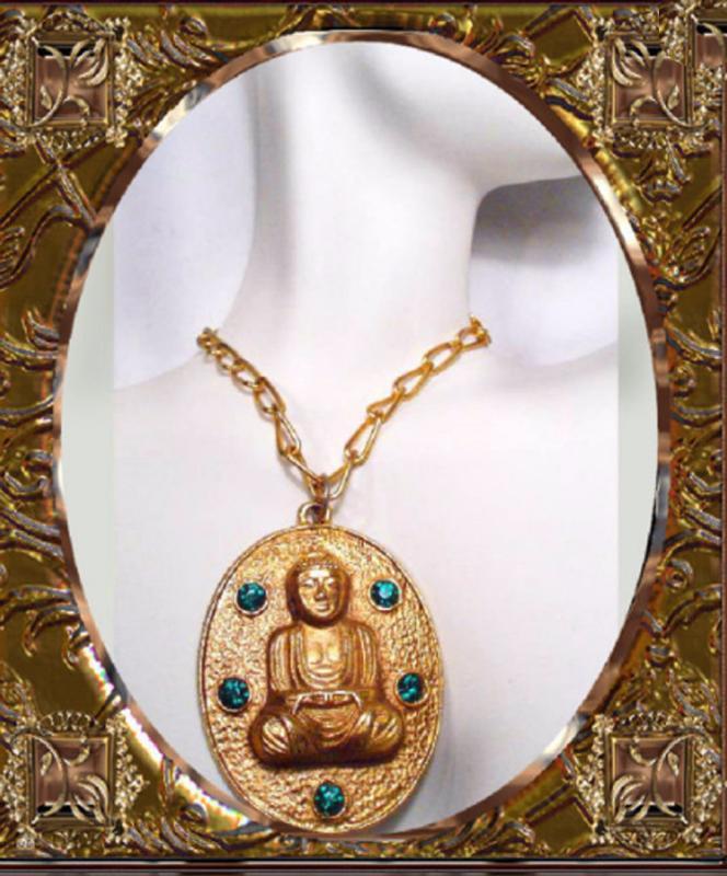 Vintage Jeweled Buddha Necklace Large Chinese Oriental Rhinestone Asian Pendant