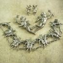 RARE Antique STERLING CHERUB Parure Silver bracelet earrings 2 Brooch putti Victorian angels 4pc set