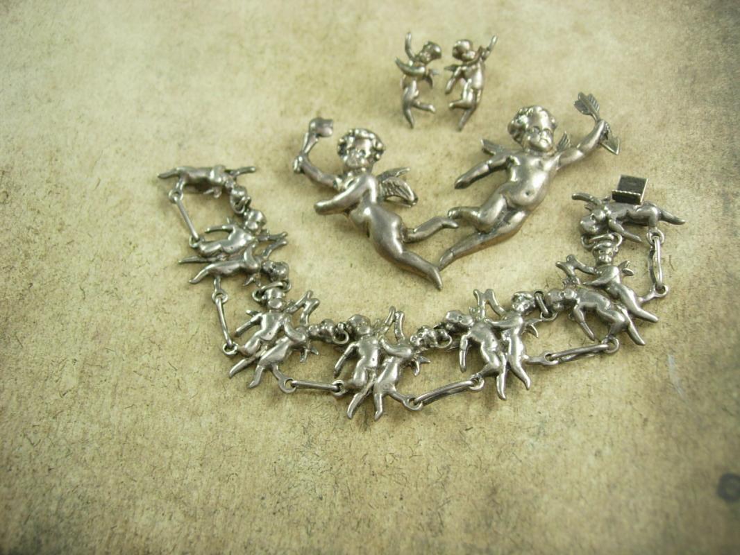 RARE Antique STERLING CHERUB Parure Silver bracelet earrings 2 Brooch putti Victorian angels 4pc set