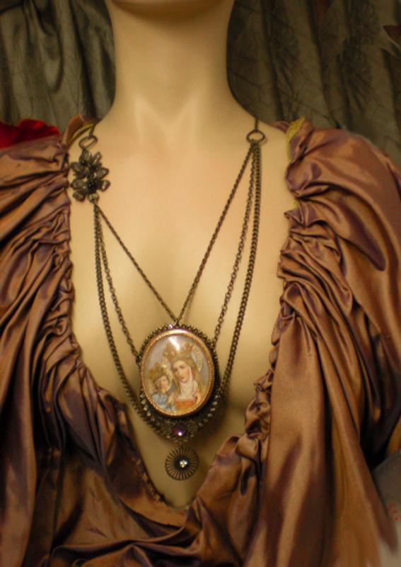 Vintage St Anne and Child Portrait Icon Virgin Mary Necklace filigree and jewels in swags of brass