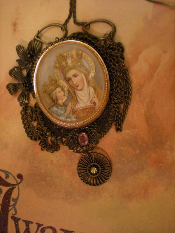 Vintage St Anne and Child Portrait Icon Virgin Mary Necklace filigree and jewels in swags of brass