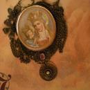 Vintage St Anne and Child Portrait Icon Virgin Mary Necklace filigree and jewels in swags of brass