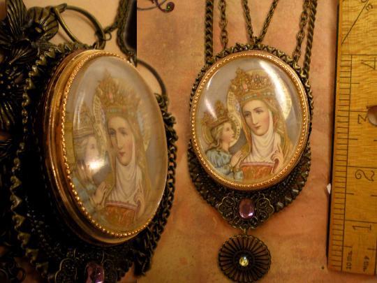 Vintage St Anne and Child Portrait Icon Virgin Mary Necklace filigree and jewels in swags of brass