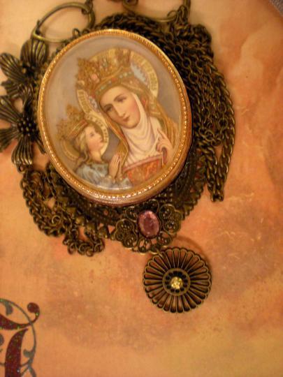 Vintage St Anne and Child Portrait Icon Virgin Mary Necklace filigree and jewels in swags of brass