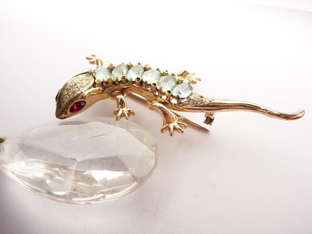 1946 Vintage signed sterling Coro Lizard Brooch paste rhinestone gecko or salamander
