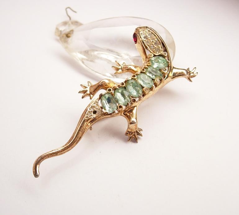 1946 Vintage signed sterling Coro Lizard Brooch paste rhinestone gecko or salamander