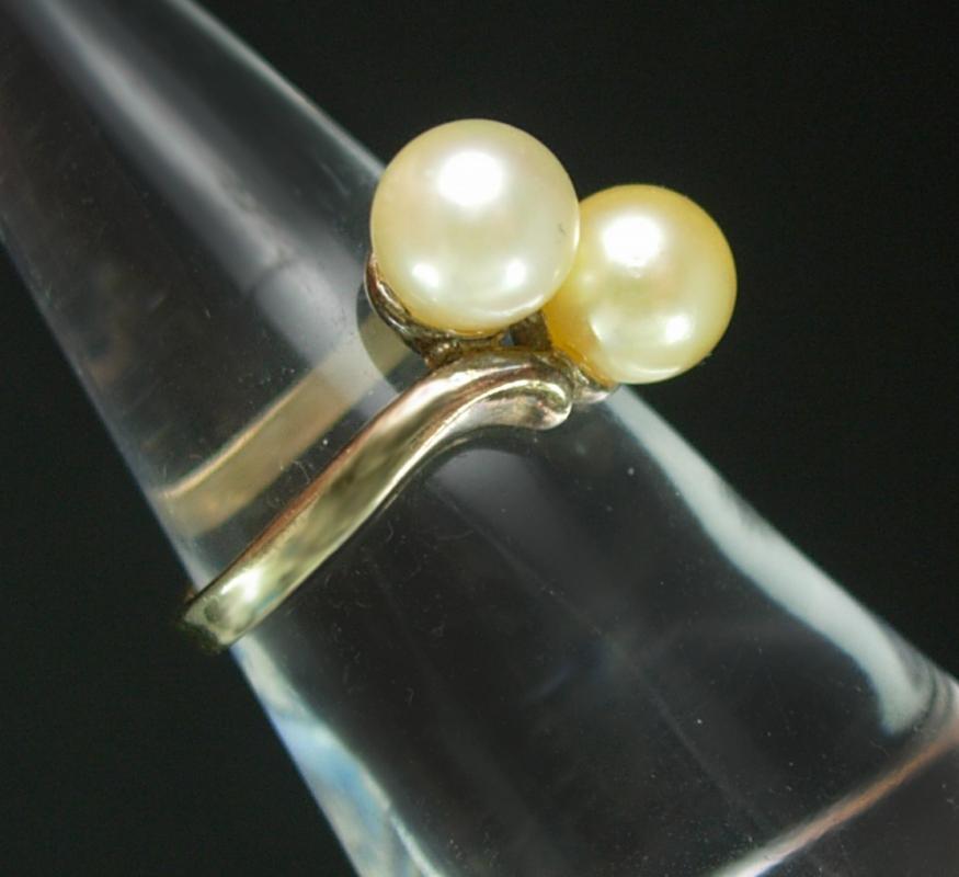 Vintage STERLING genuine TWO pearl RING size 6 gold nouveau design