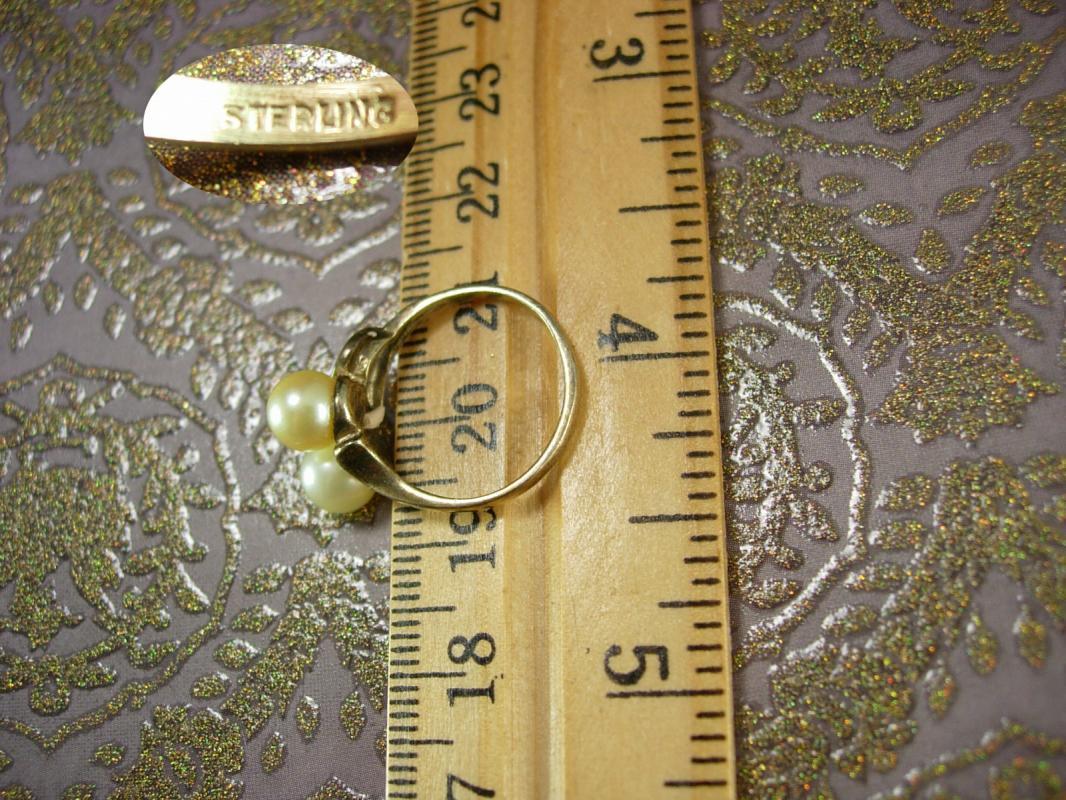 Vintage STERLING genuine TWO pearl RING size 6 gold nouveau design