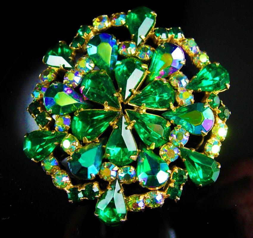 Vintage Brooch Huge Rhinestone Aurora borealis blue green cluster flower statement gold pin