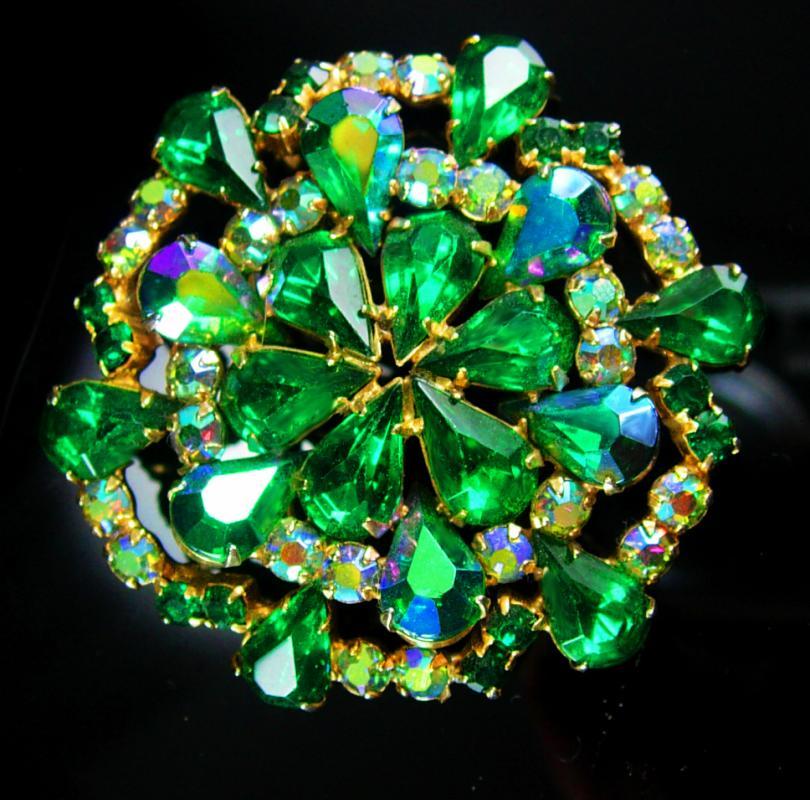 Vintage Brooch Huge Rhinestone Aurora borealis blue green cluster flower statement gold pin
