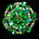 Vintage Brooch Huge Rhinestone Aurora borealis blue green cluster flower statement gold pin