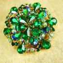 Vintage Brooch Huge Rhinestone Aurora borealis blue green cluster flower statement gold pin