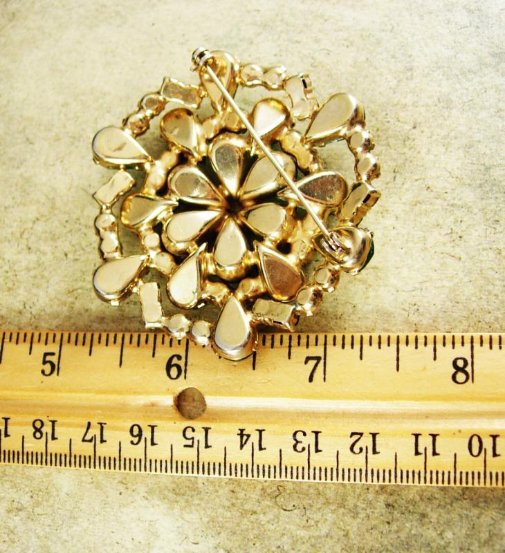 Vintage Brooch Huge Rhinestone Aurora borealis blue green cluster flower statement gold pin