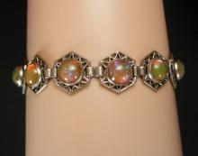 ART DECO Bracelet Hauntingly beautiful Jelly opal dragons BREATH Bracelet 1920's vintage Mexican silver filigree Loads of fire