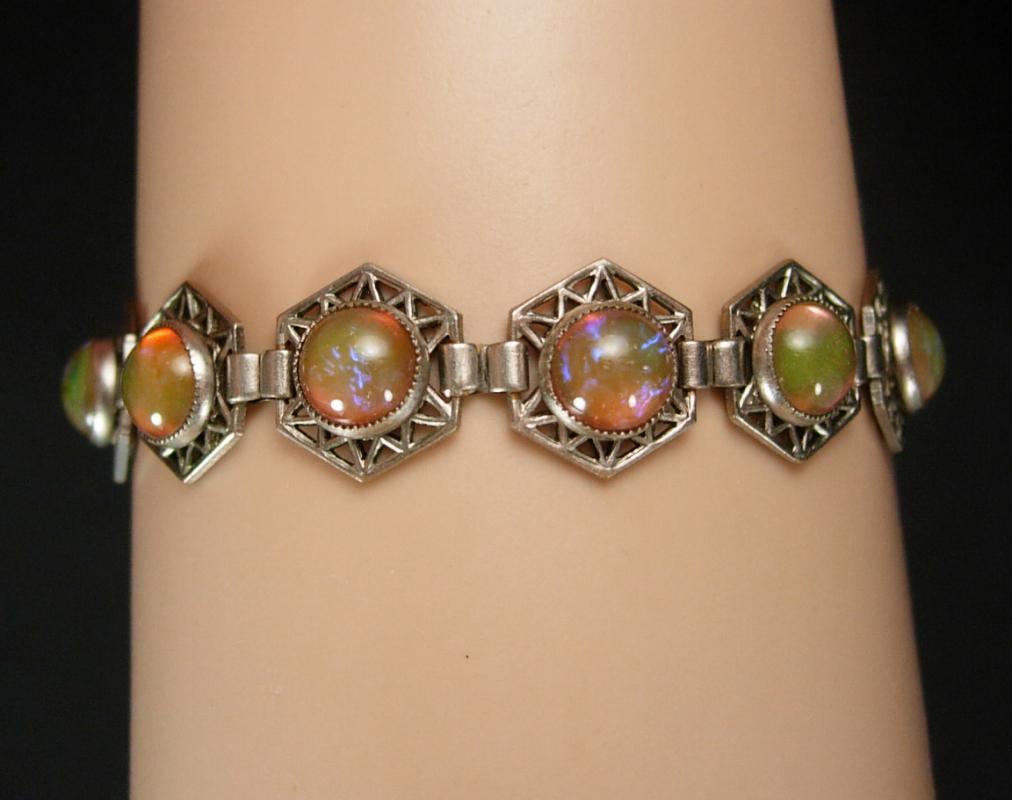 ART DECO Bracelet Hauntingly beautiful Jelly opal dragons BREATH Bracelet 1920's vintage Mexican silver filigree Loads of fire