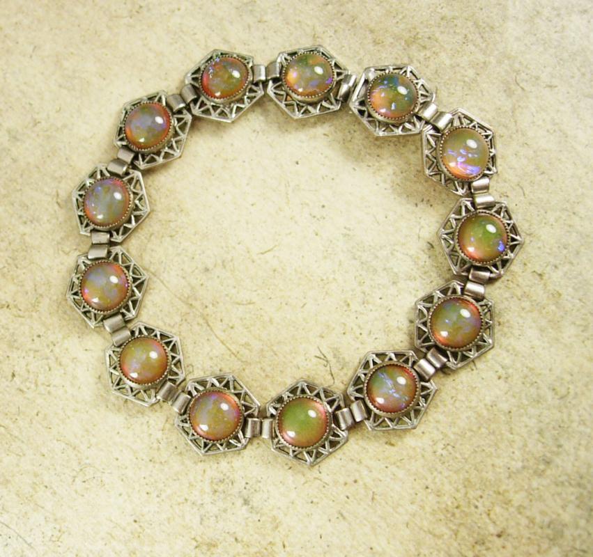 ART DECO Bracelet Hauntingly beautiful Jelly opal dragons BREATH Bracelet 1920's vintage Mexican silver filigree Loads of fire