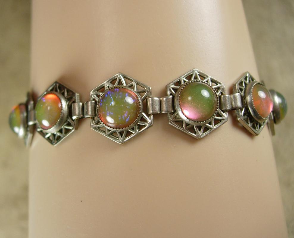ART DECO Bracelet Hauntingly beautiful Jelly opal dragons BREATH Bracelet 1920's vintage Mexican silver filigree Loads of fire