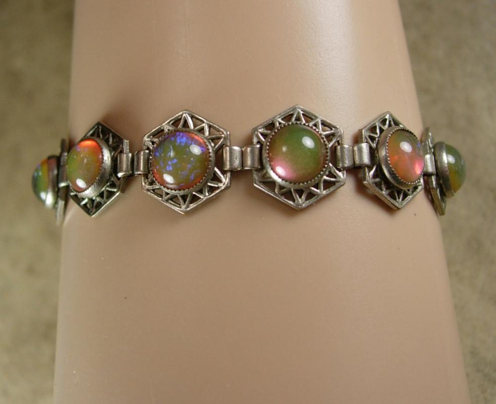 ART DECO Bracelet Hauntingly beautiful Jelly opal dragons BREATH Bracelet 1920's vintage Mexican silver filigree Loads of fire