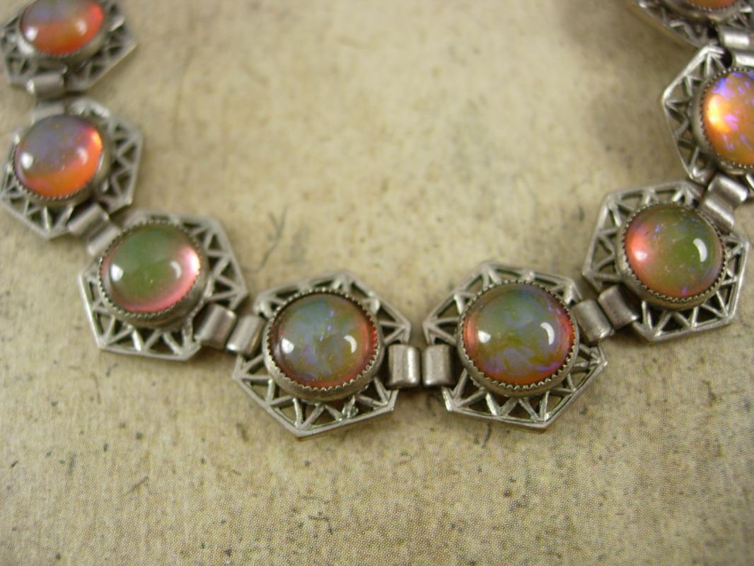 ART DECO Bracelet Hauntingly beautiful Jelly opal dragons BREATH Bracelet 1920's vintage Mexican silver filigree Loads of fire