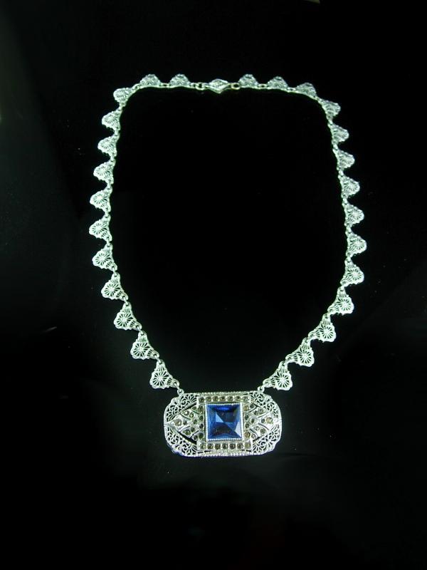 Vintage Art deco Signed necklace Filigree and paste stones HUGE blue centerpiece
