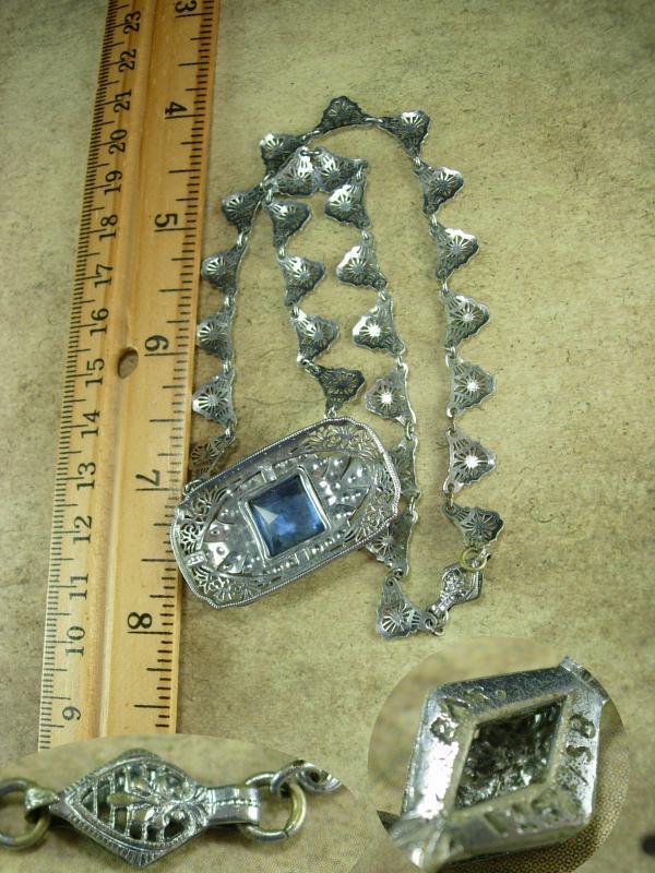 Vintage Art deco Signed necklace Filigree and paste stones HUGE blue centerpiece