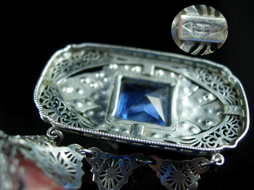 Vintage Art deco Signed necklace Filigree and paste stones HUGE blue centerpiece