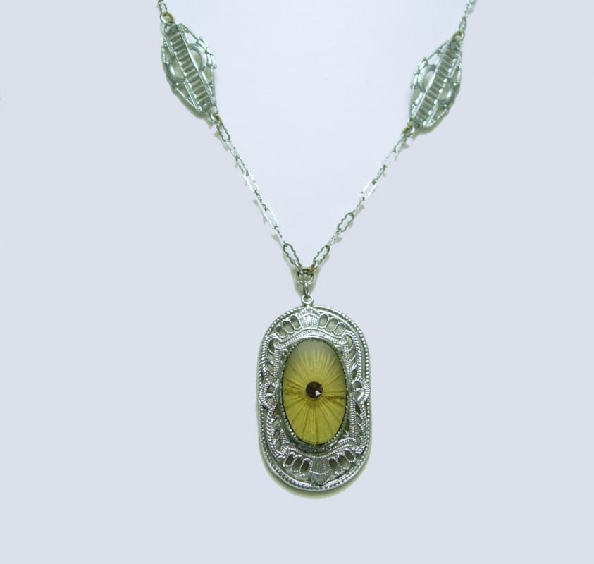 Vintage Art Deco Necklace Camphor glass fancy with amazing filigree