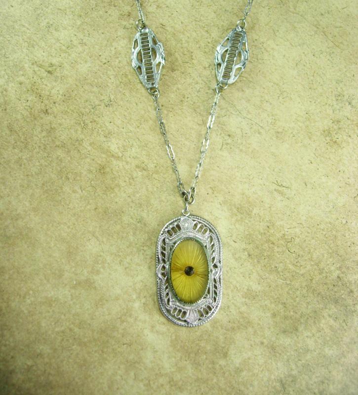 Vintage Art Deco Necklace Camphor glass fancy with amazing filigree