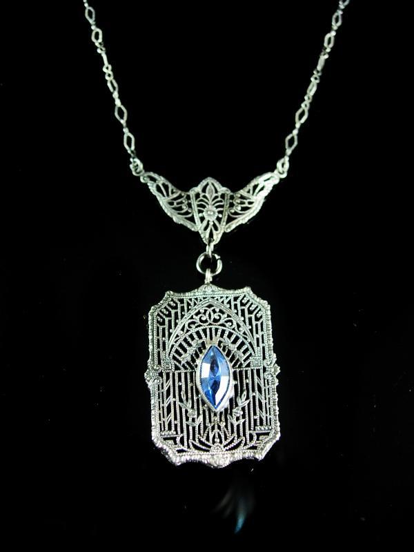 Vintage sterling Art Deco necklace filigree pendant with blue glass marquise stone