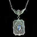 Vintage sterling Art Deco necklace filigree pendant with blue glass marquise stone