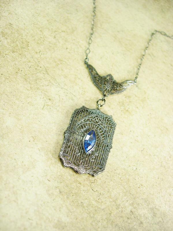 Vintage sterling Art Deco necklace filigree pendant with blue glass marquise stone