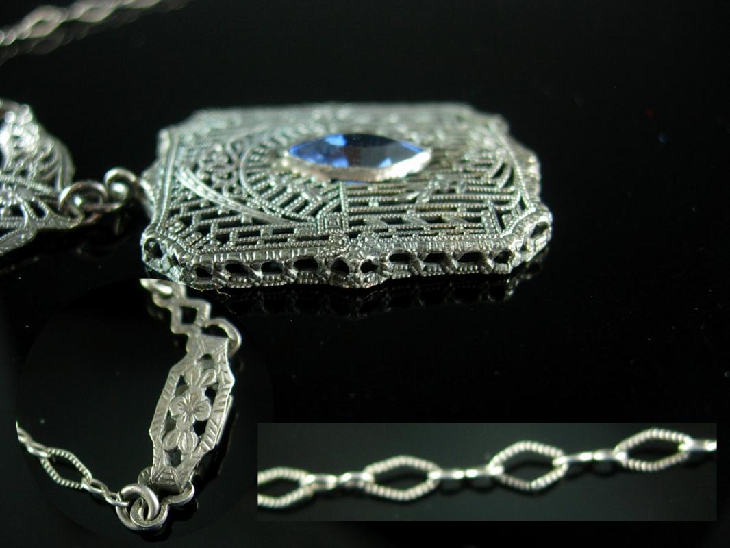 Vintage sterling Art Deco necklace filigree pendant with blue glass marquise stone