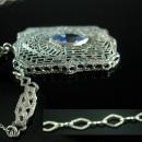 Vintage sterling Art Deco necklace filigree pendant with blue glass marquise stone