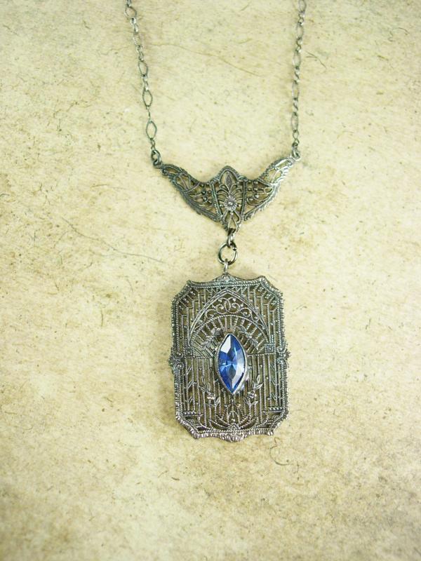 Vintage sterling Art Deco necklace filigree pendant with blue glass marquise stone
