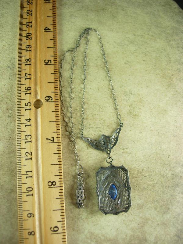 Vintage sterling Art Deco necklace filigree pendant with blue glass marquise stone