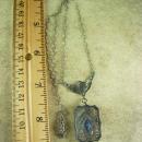 Vintage sterling Art Deco necklace filigree pendant with blue glass marquise stone