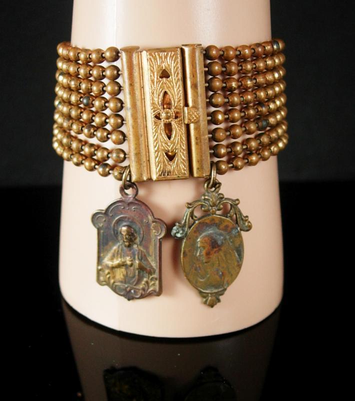 Antique Victorian bracelet with French religious medals fobs WIDE 8 row fancy clasp vintage charm