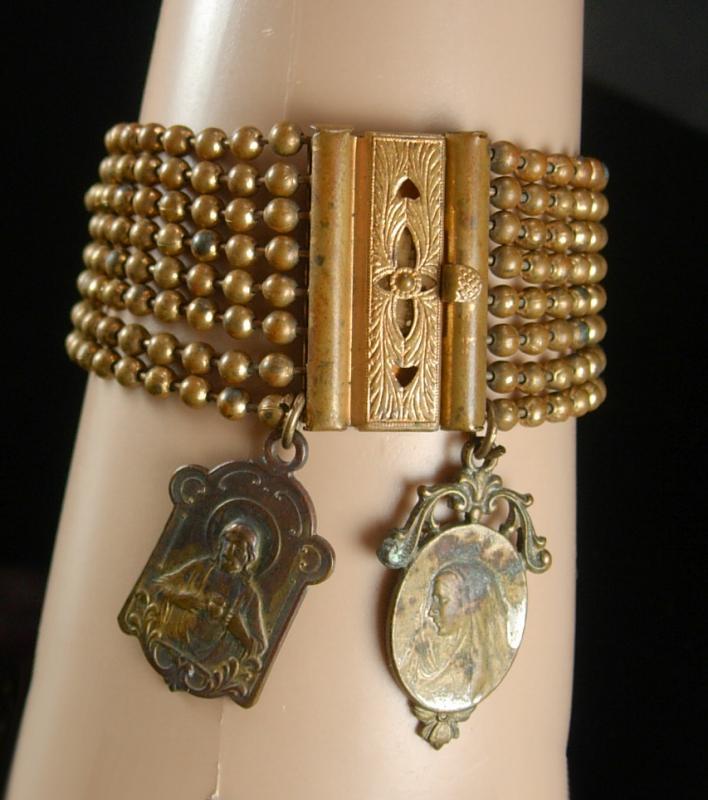 Antique Victorian bracelet with French religious medals fobs WIDE 8 row fancy clasp vintage charm