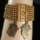 Antique Victorian bracelet with French religious medals fobs WIDE 8 row fancy clasp vintage charm