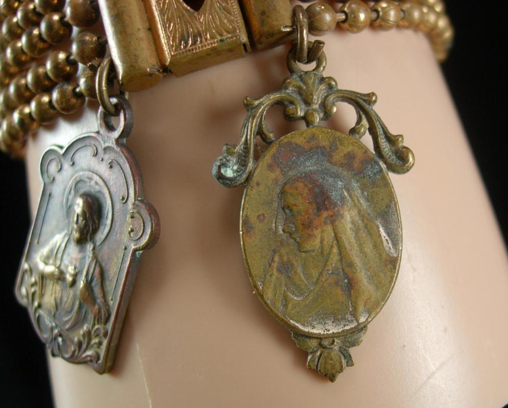 Antique Victorian bracelet with French religious medals fobs WIDE 8 row fancy clasp vintage charm