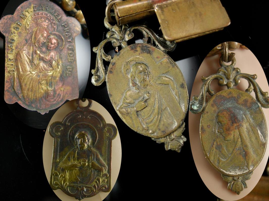 Antique Victorian bracelet with French religious medals fobs WIDE 8 row fancy clasp vintage charm