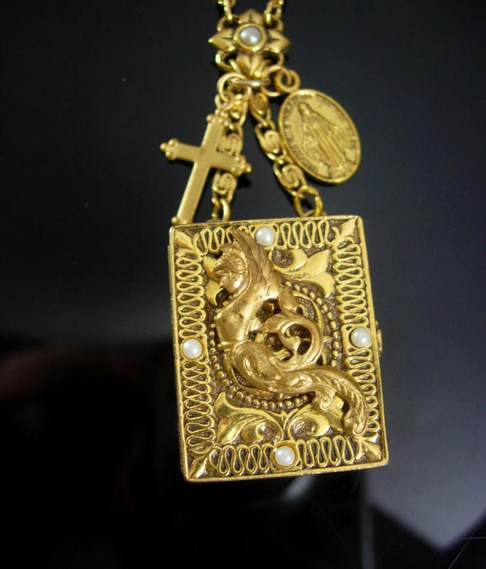 Mermaid Locket necklace Forget me not religious cross & medal gold filled Chain fob charms book locket pearls from the sea