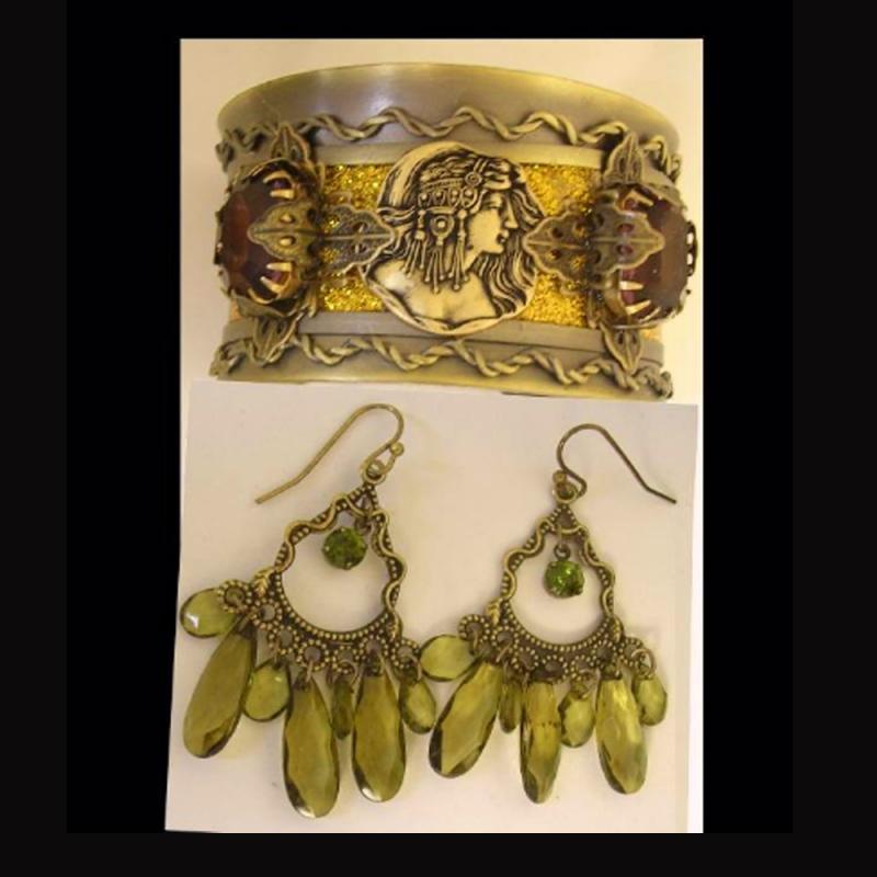 Egyptian bohemian purple rhinestone gothic bracelet and chandelier earrings